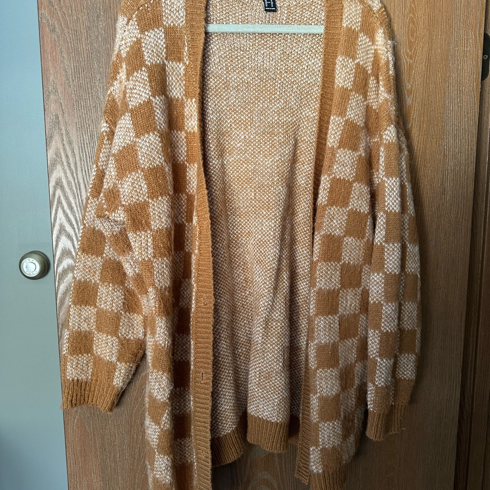 Checkered Tan and Cream Women's Cardigan